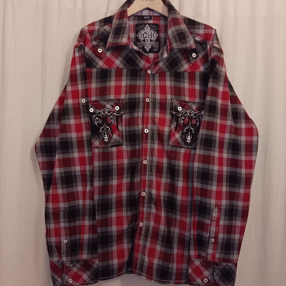 ●OCHO Embroidered Checkered Long Sleeve Shirt Mens SZ XXL